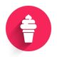 White Ice cream in waffle cone icon isolated with long shadow. Sweet symbol. Red circle button. Vector Illustration